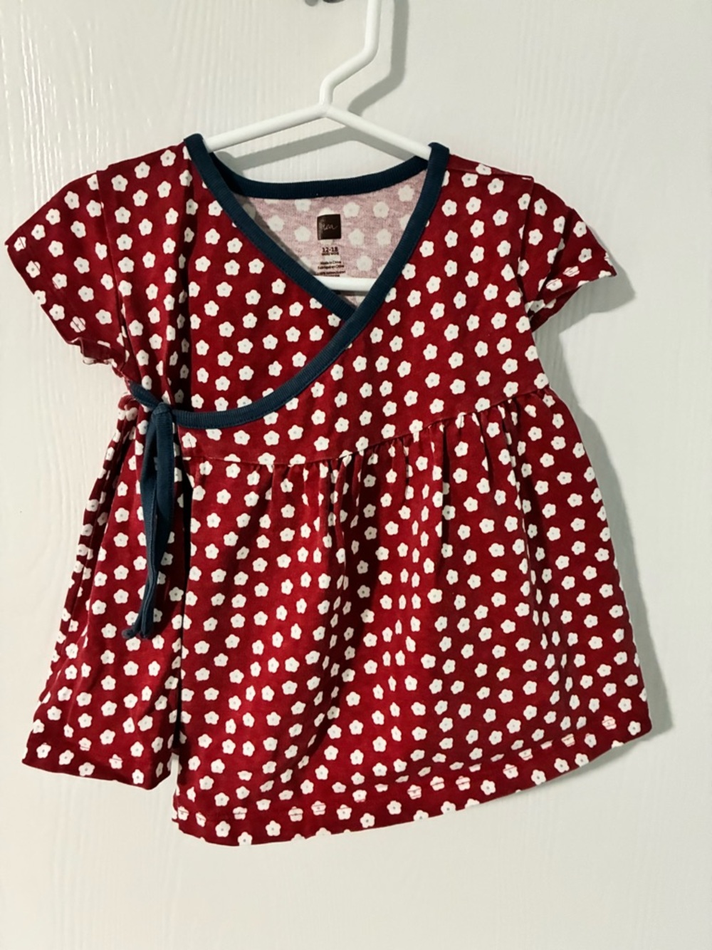 Tea Collection Red Floral Wrap-Style Kids Dress with Navy Trim